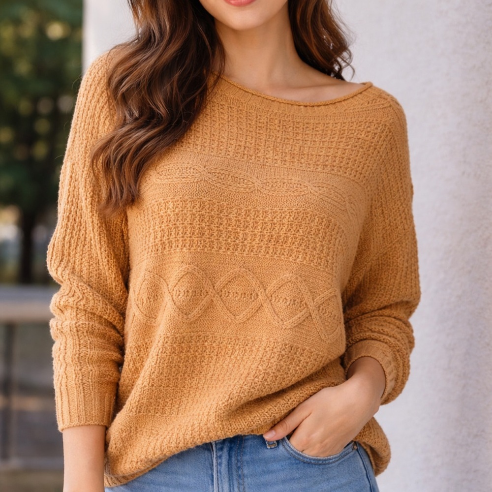 Women's Cozy Cable Knit Pullover Sweater in Camel